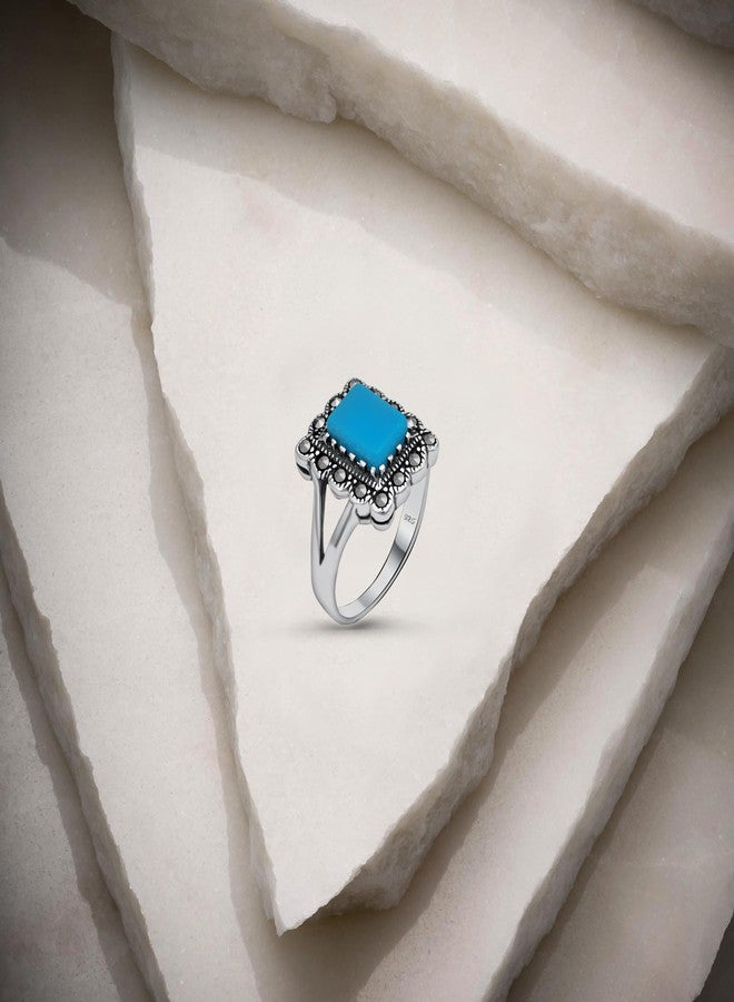 Alpha Rock Genuine Solid 925 Sterling Silver Simulated Turquoise Marcasite Accents Halo Ring, Statement Engagement Promise Wedding Birthstone Oxidized Fine Ring, Gift for Women (Simulated Turquoise F, 7) - Image 2